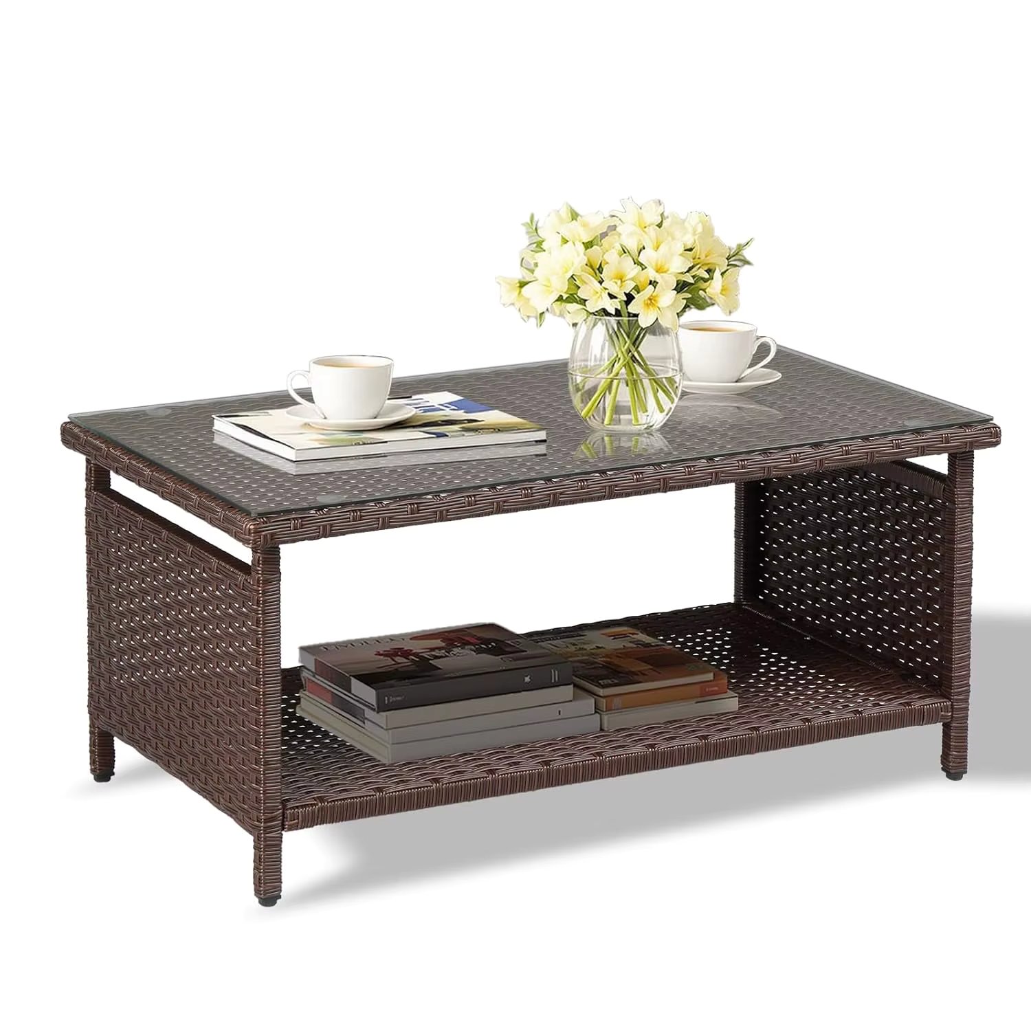 Wicker CoffeeTable Patio Coffee Tables for Outside, Tempered Glass Top Wicker Table with Storage, Customized