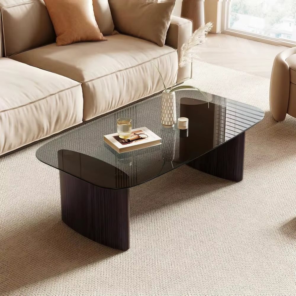 Modern Tempered Glass Coffee Table with Wooden Base for Living Room, Suitable for Small Spaces, Minimalist Design in Walnut Fini