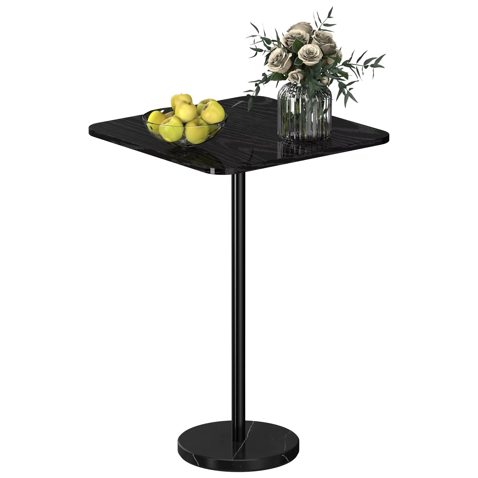Modern Marble Pedestal Accent Table – Round Indoor/Outdoor Side Table for Patio, Sofa & Chairs, Black End Table with Stone Base