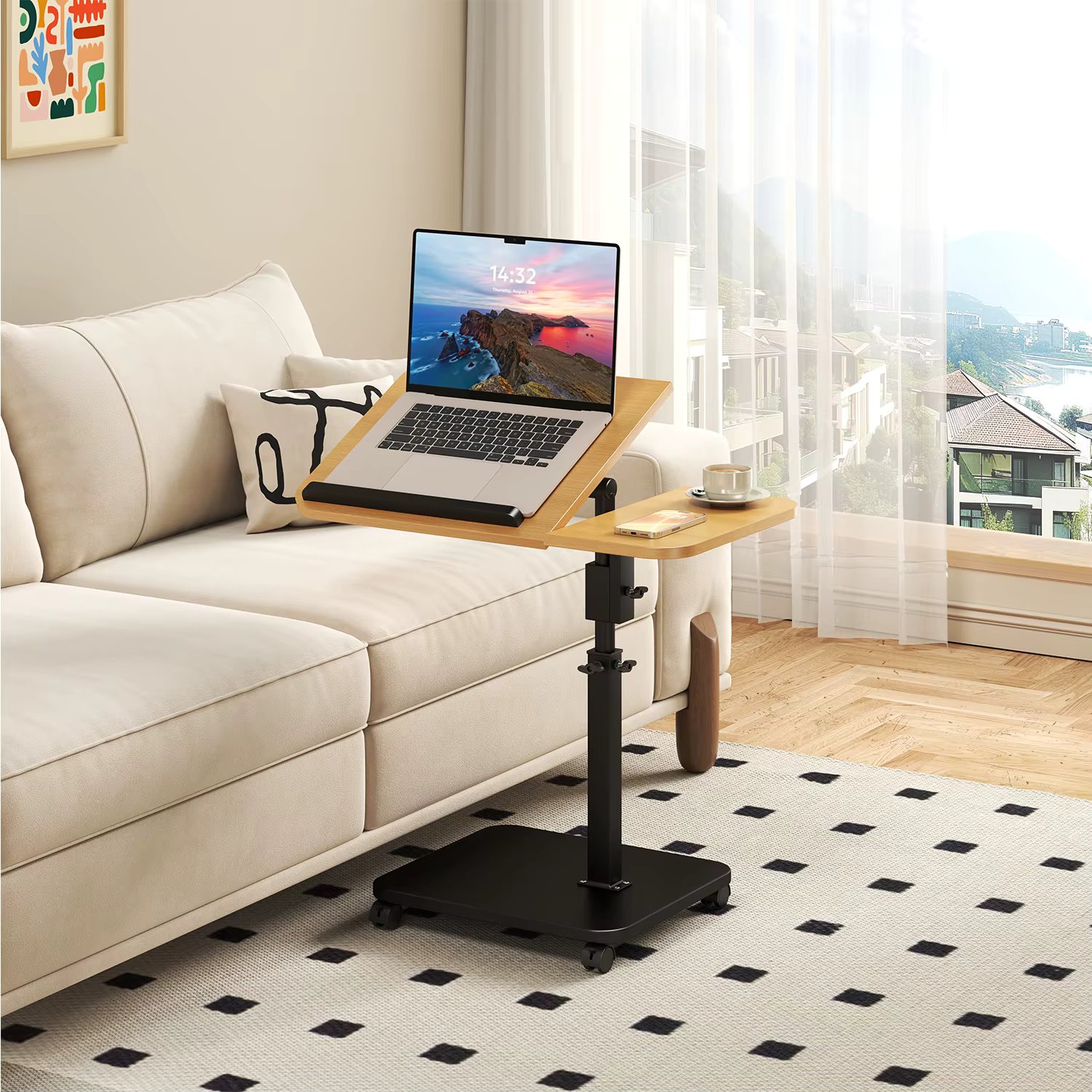 Adjustable Height C-Shaped Laptop Desk 180° Swivel Tabletop Mobile Rolling with Wheels,Space-Saving Overbed or Sofa Side Desk