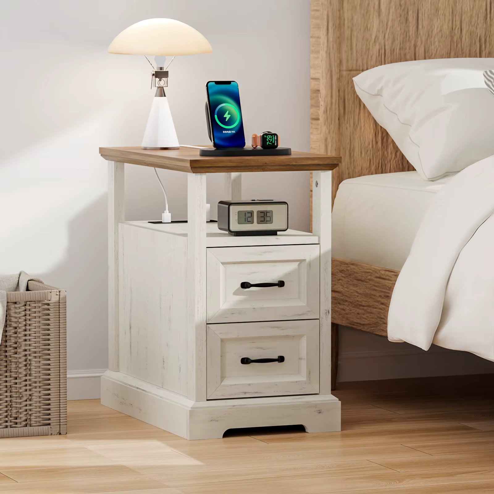 End Table with Charging Station, with 2-Storage Drawers & Open Shelf, Wood Sofa Side Table Bedside for Living Room Bedroom