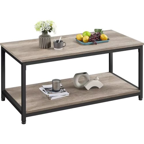 39.5″ 2-Tier Industrial Coffee Table with Storage Shelf, Wooden Center Table for Living Room Small Space, Easy Assembly, Gray