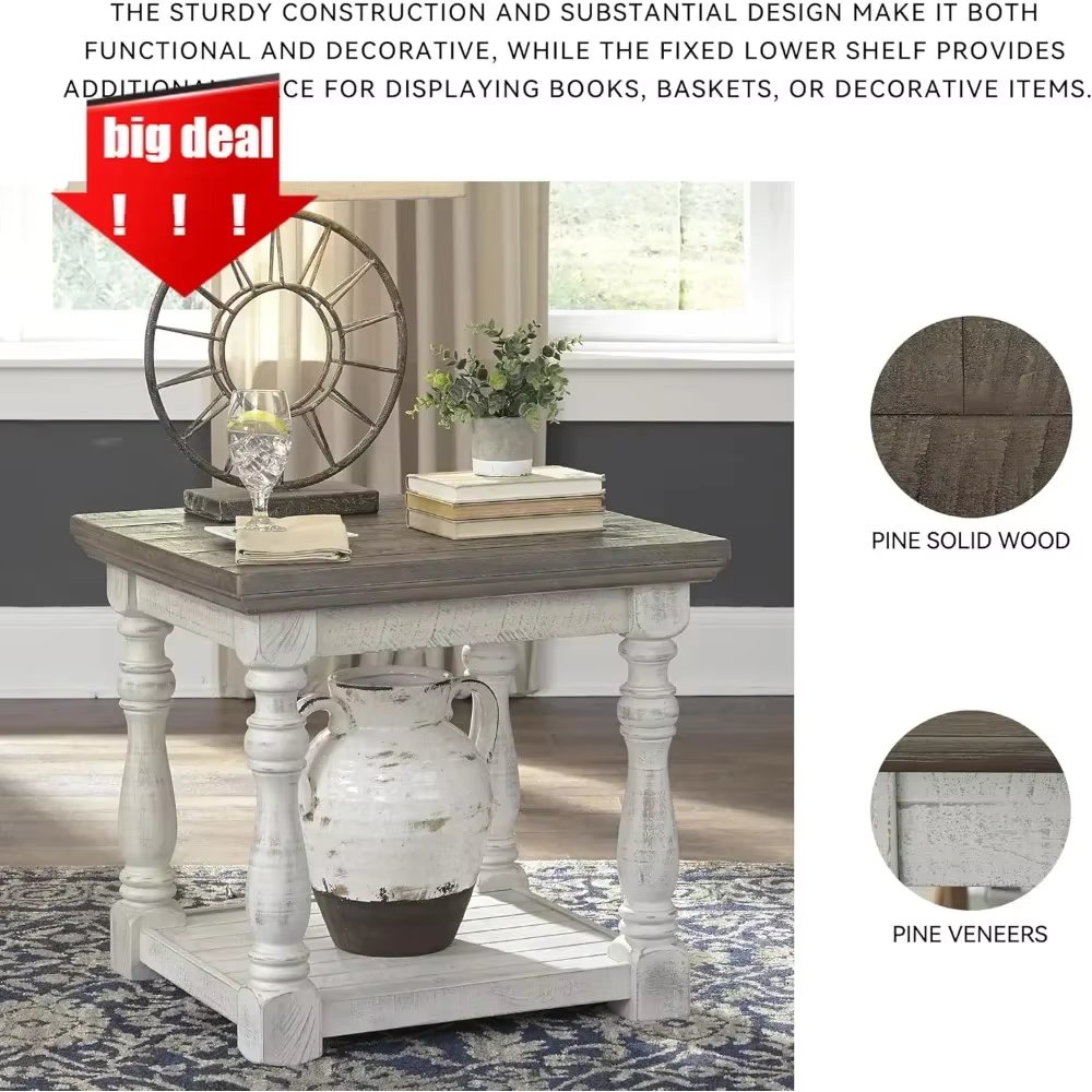 BestsellerTop Rated havalance farmhouse square end table with floor shelf, vintage gray & white with weathered finish