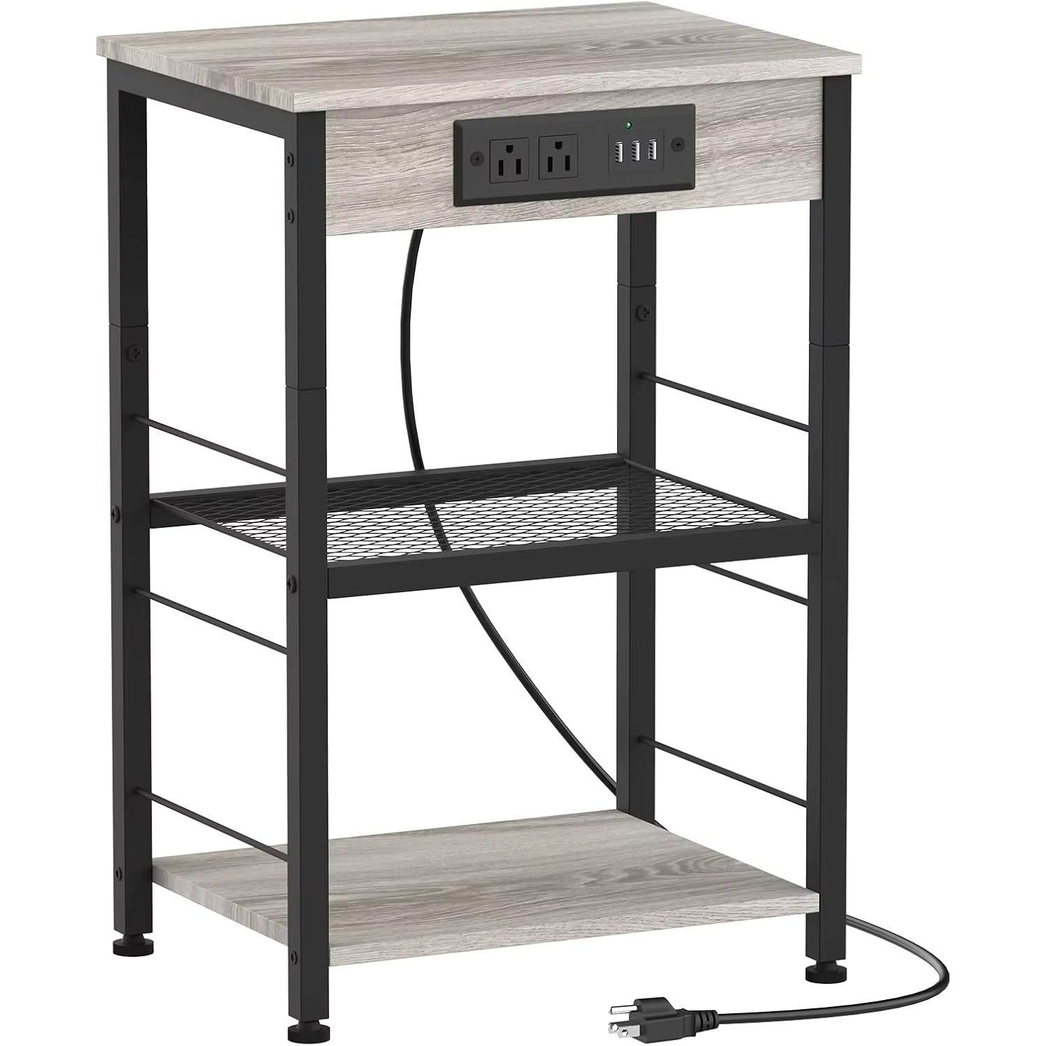 Grey Farmhouse Nightstand with USB/Outlet Charging Station & 3-Tier Storage – Bedside Table for Bedroom, Living Room & Study