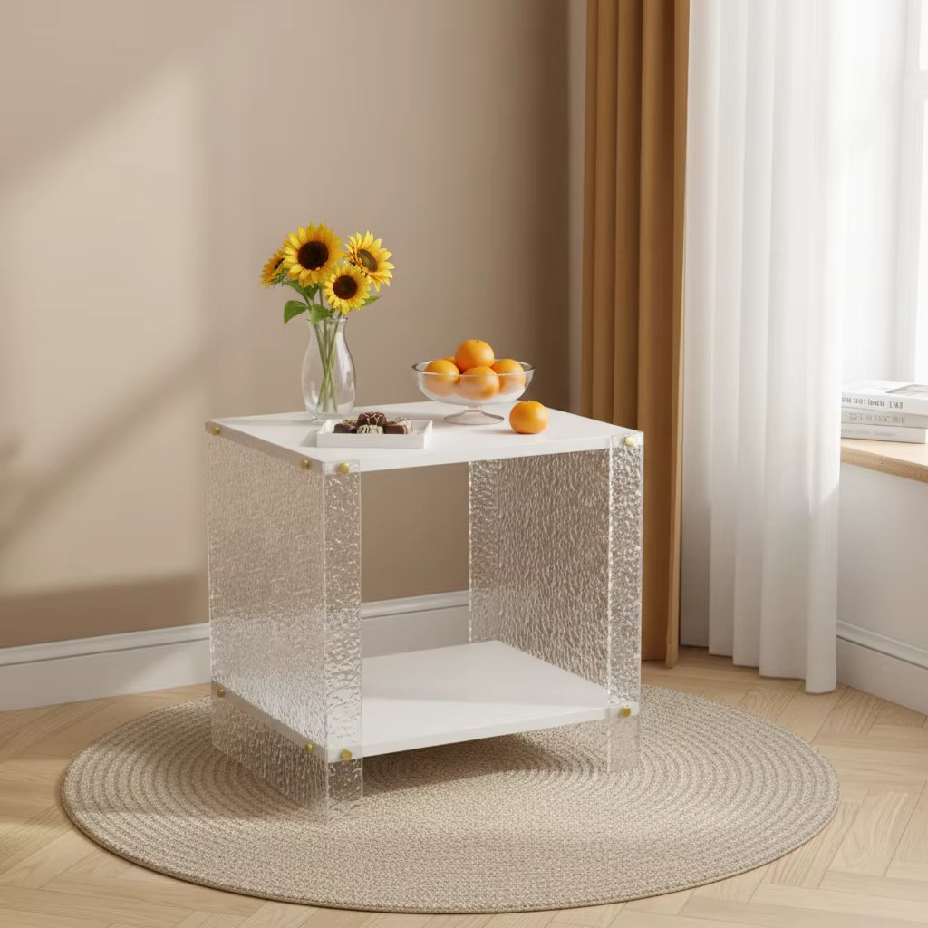2-Tier Modern Side Table 40x40x50cm | White Faux Stone Pattern, Freestanding Sofa Table, Small End Table for Living Room Bedroom